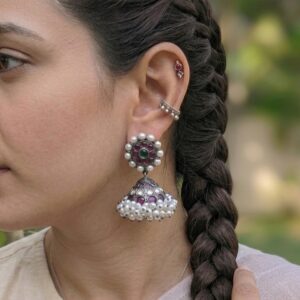 The Charvi Jhumkas Earrings - Oxidized Kemp