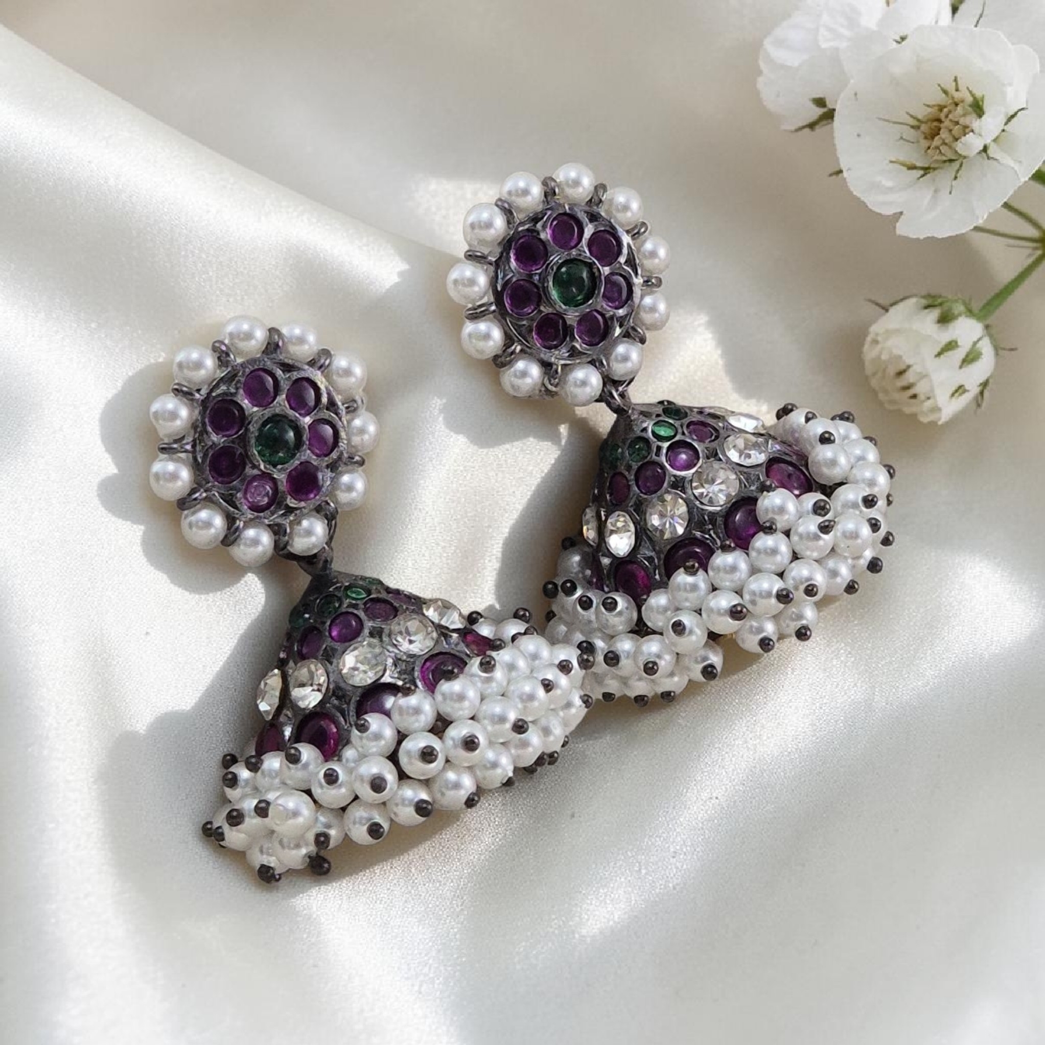 The Charvi Jhumkas Earrings - Oxidized Kemp - Image 2