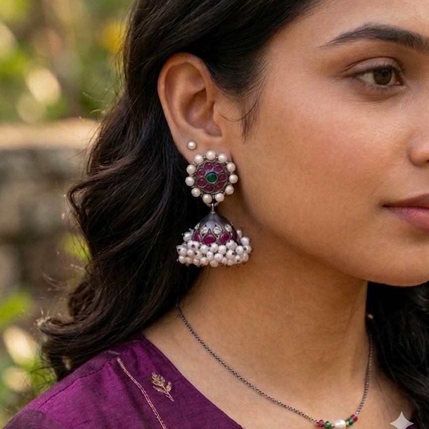 The Charvi Jhumkas Earrings - Oxidized Kemp - Image 4